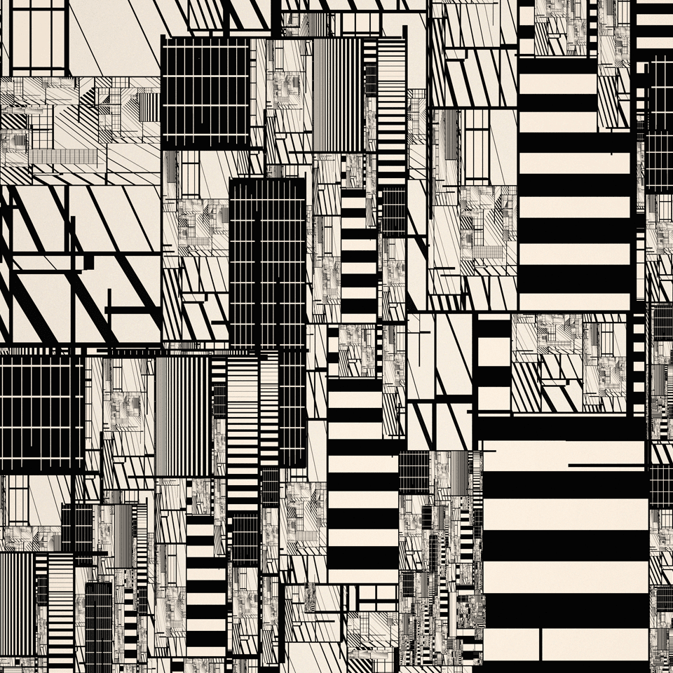 Hyper Drive: A-Side: Hyper Drive is based on the mathematics of recursion. Scale symmetry is used to create patterns that repeat at ever-smaller intervals, creating the illusion of infinite depth and complexity. The rule for the recursive loop is incredibly simple. A box is drawn, then a snapshot of the full canvas is resized to cover the boundary. As this process is repeated, small variations in position create endless fractals.